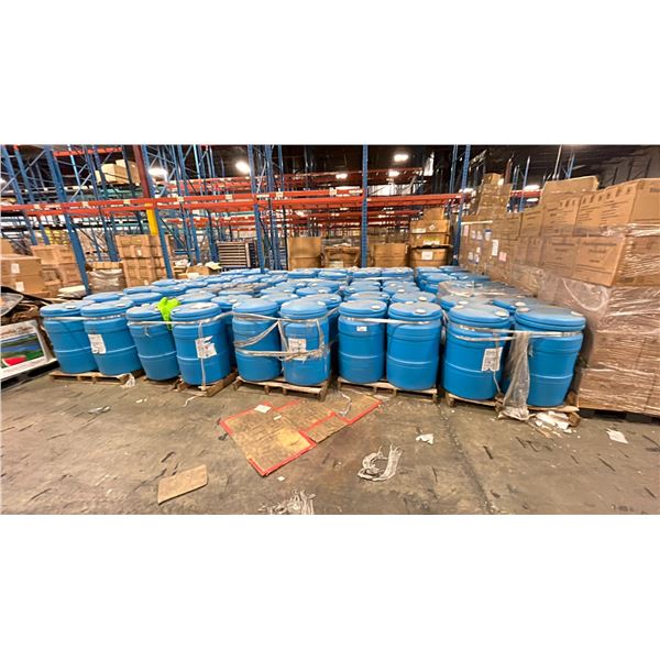 79 PLASTANK BLUE LIDDED BARRELS WITH UNKNOWN CONTENTS