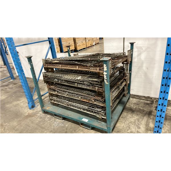 GROUP OF 4 STEEL CAGE PALLETS AND 1 STACK RACK