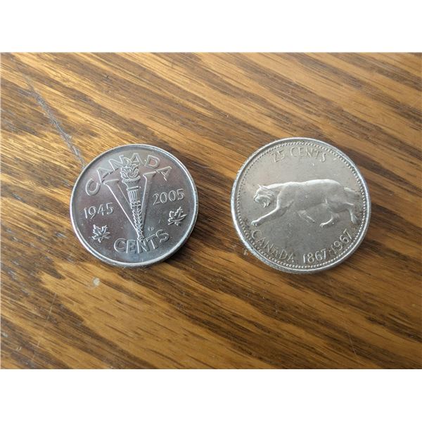 Commemorative WW II Victory Nickel 2004 / Centennial 1967 Cougar Canadian Quarter