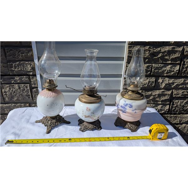 Three Milk Glass Hand Painted Oil Lamps