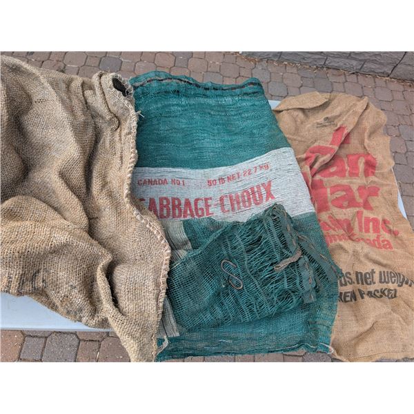 Five Burlap Gunny Sacks Grain and Cabbage