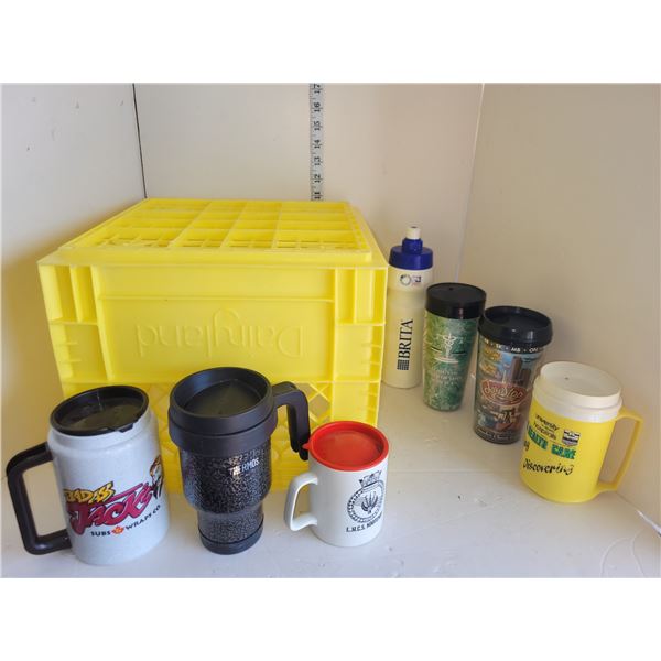 Yellow Milk Crate with Vairous Cups, To Go Mugs +