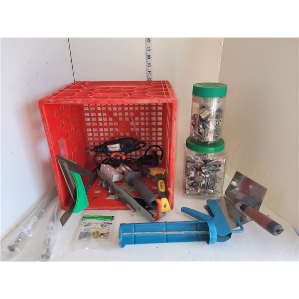 Red Milk Crate with Various Tools, Hardware, Dremel +