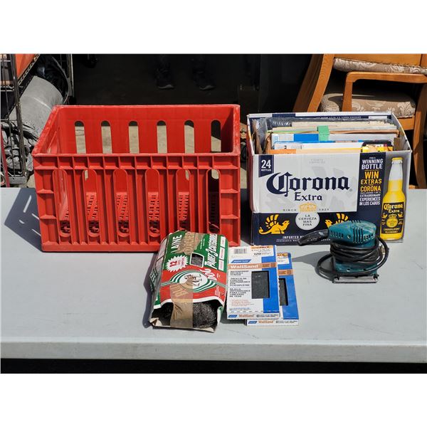 Red Pop Crate with Large Amount of Sanding Paper, Palm Sander +