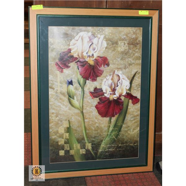GREEN FRAMED 33" X 44" PICTURE OF FLOWERS