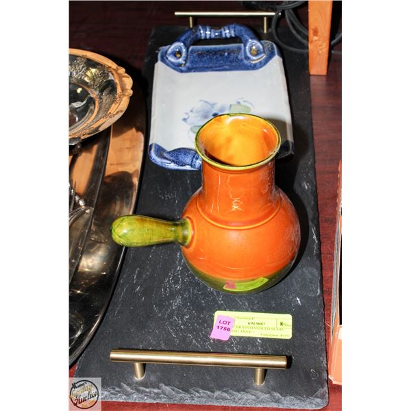 22" LONG SLATE SERVING TRAY W/BRASS HANDLES +