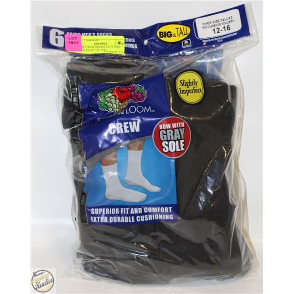BLACK CREW SOCKS 12-16 SIZE 6-PACK FRUIT OF THE