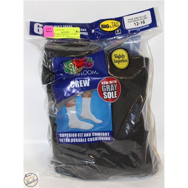 BLACK CREW SOCKS 12-16 SIZE 6-PACK FRUIT OF THE