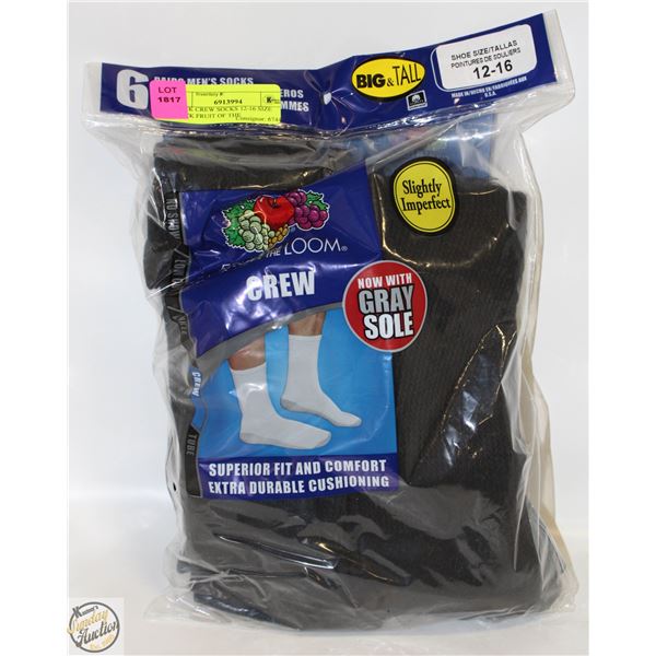 BLACK CREW SOCKS 12-16 SIZE 6-PACK FRUIT OF THE