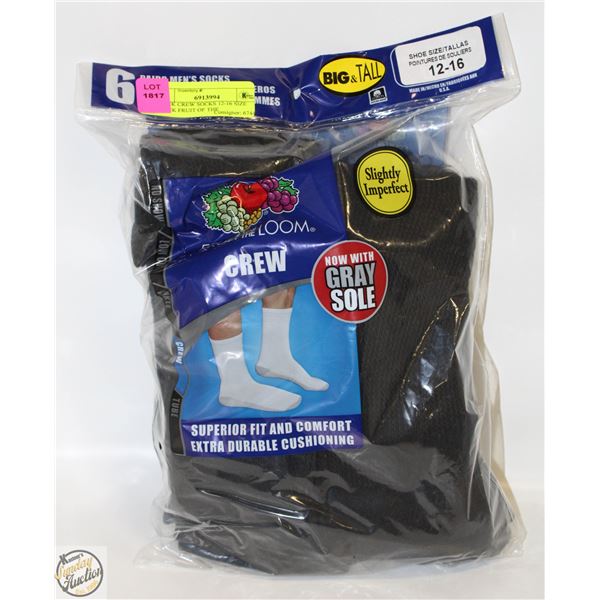 BLACK CREW SOCKS 12-16 SIZE 6-PACK FRUIT OF THE