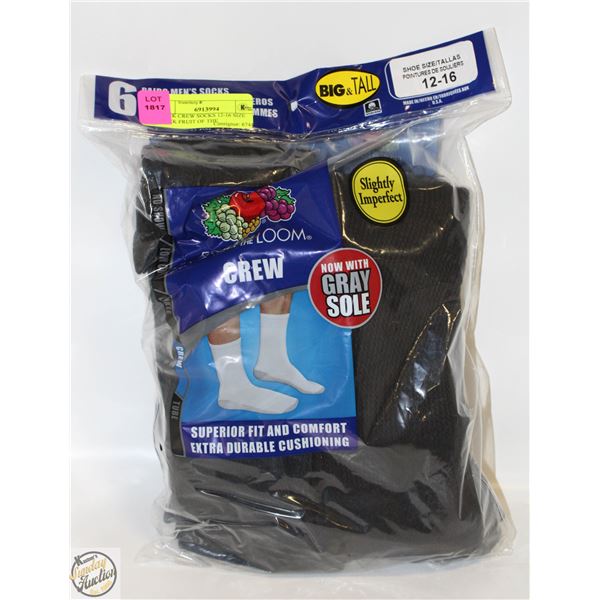 BLACK CREW SOCKS 12-16 SIZE 6-PACK FRUIT OF THE