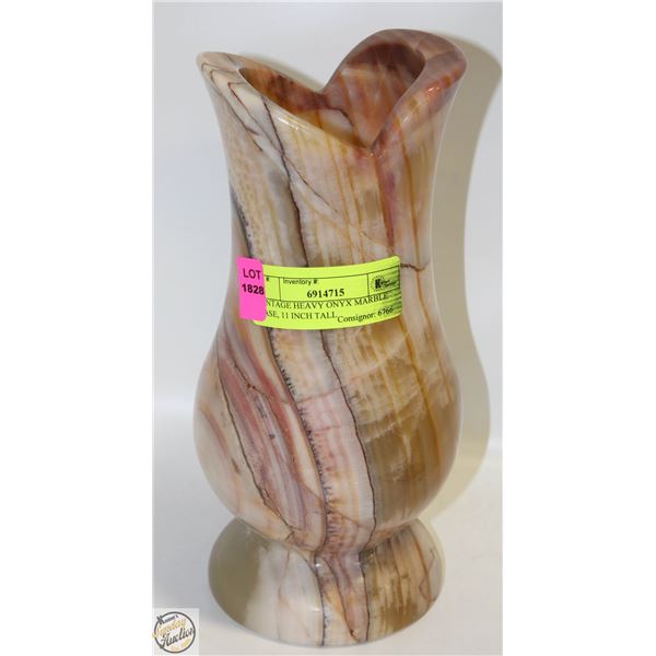 VINTAGE HEAVY ONYX MARBLE VASE, 11 INCH TALL