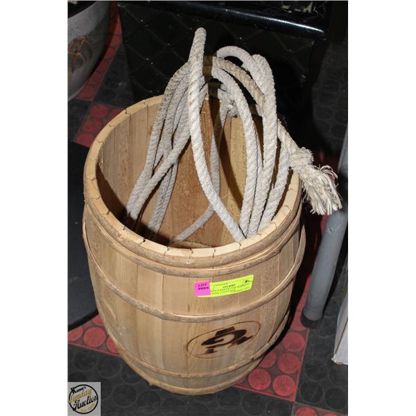 COWBOY LASSO & OAK BARRELL WITH ROPE TOGETHER