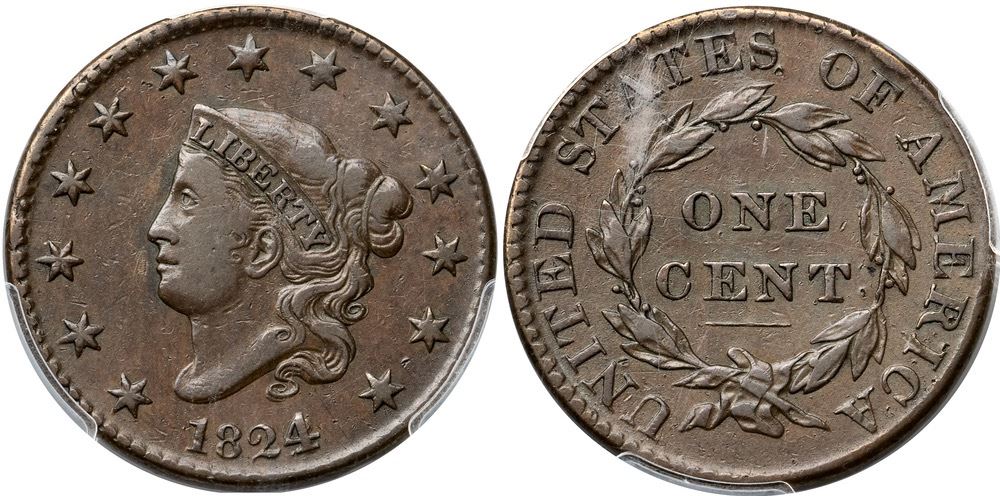 Four Over Two Sign 1824/2 N-5 R4+ Overdate 4 over 2, PCGS graded VF35, CAC Approved ...