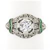 Image 1 : Antique Art Deco Plat GIA European Diamond & Emerald Mil grain Etched Domed Ring