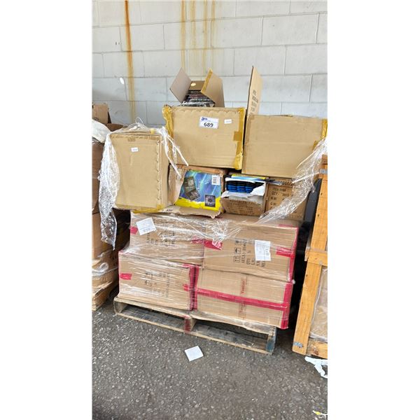 PALLET OF ASSORTED PENS, 3 HOLE PAPER PUNCHES, 3 RING BINDERS & MORE