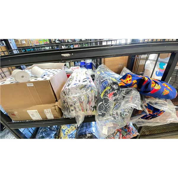 ASSORTED SWEATERS, PAJAMAS & 2 BOXES OF RECEIPT ROLLS