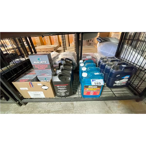 BOX OF RUN RITE PROFESSIONAL FUEL SYSTEM CLEANER, 4 3.7L BOTTLES OF SUPER LONG LIFE ANTIFREEZE, 4