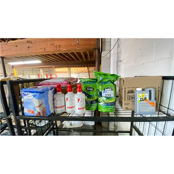 BOX OF CLR, WORX HAND CLEANER, TENA MEDIUM UNDERWEAR, EYE WASH BOTTLES & BAG OF HIMALAYAN SALT