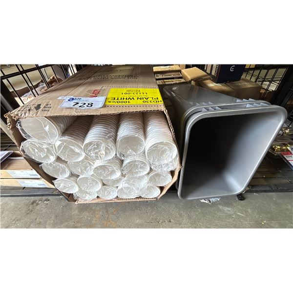 BOX OF PAPER CUPS & 2 WASTE RECEPTACLES