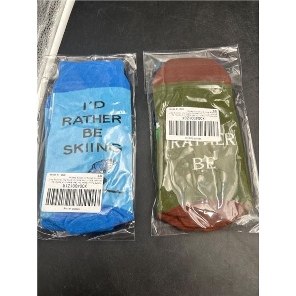 2 Pairs of Socks with Skiing and Camping Themes