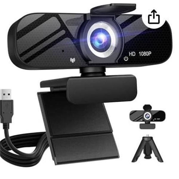 Full HD Webcam with Built-in Microphone and Rotatable Tripod, 1080P Video and Wide Angle Camera, Pri