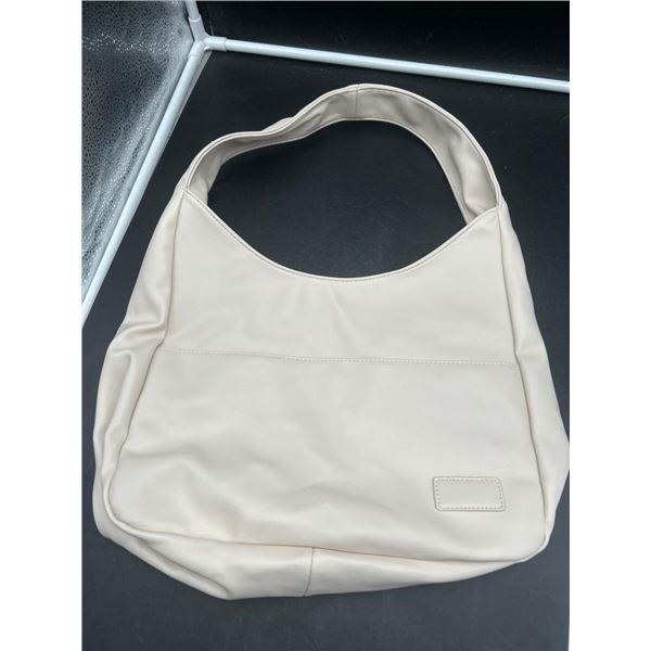 Beige Shoulder Bag with Single Strap and Zippered Interior Compartment