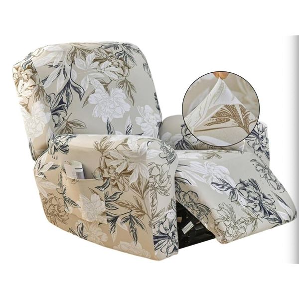 CRFATOP Floral Printed Recliner Cover with Pockets Single Reclining Slipcover 4-Pieces Lazy Boy Recl