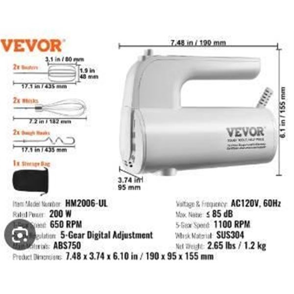 Vevor Hand Mixer Model HM2006-UL with Accessories