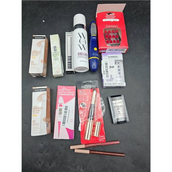 Assorted Cosmetics and Health Products Including Thermometer and Eyeliner Pens