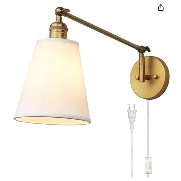 PERMO Retro Swing Arm Wall Sconce Plug in Wall Lamp Single Sconce Light Fixture with White Fabric Sh