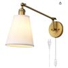 Image 1 : PERMO Retro Swing Arm Wall Sconce Plug in Wall Lamp Single Sconce Light Fixture with White Fabric Sh