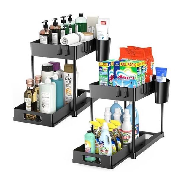 Under Sink Organizers and Storage, 2 Pack Large Capacity Heavy Load Pull-out Under Sink Shelves with