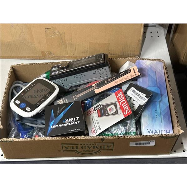 Mixed Electronics And Accessories Lot Including LED Headlight, SD Cards, and More