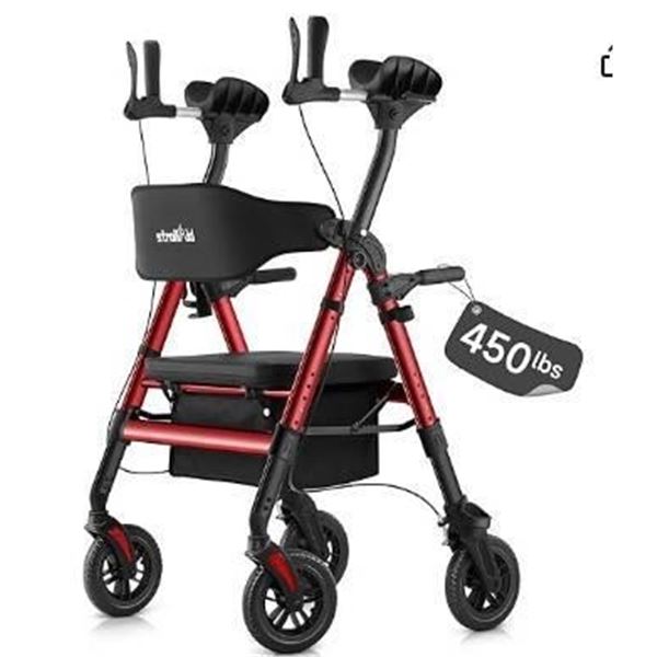 ELENKER Upright Rollator Walker With Shock Absorber, 10-Inch Front Wheels, Red