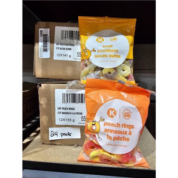K-branded 24-pack Sour Soothers and Peach Rings (12x141g and 12x155g)