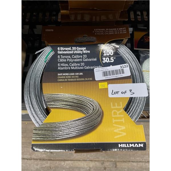Lot Of 3 Hillman 6 Strand 20 Gauge Galvanized Utility Wire, 100 ft