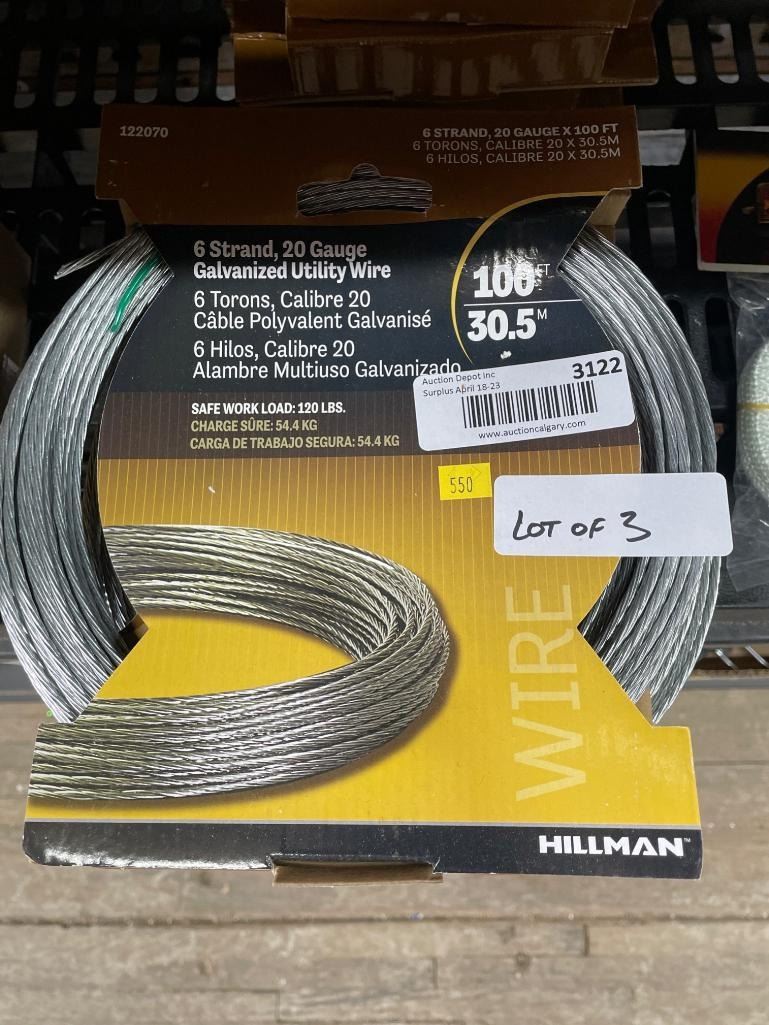 Utility Wire Hillman 6 Strand 20 Gauge Galvanized Utility Wire, 100 ft, Lot Of 3
