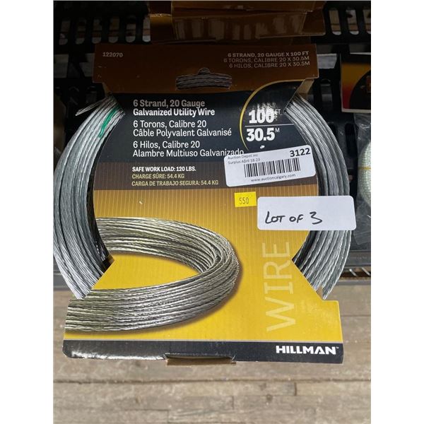 Hillman 6 Strand 20 Gauge Galvanized Utility Wire, 100 ft, Lot Of 3