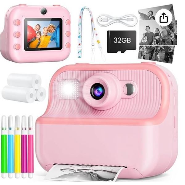 Hot Bee Children’s Instant Camera, 3-10 Years Girls, 1080P, 2.4 Inch Screen, 32G Card, Rosa