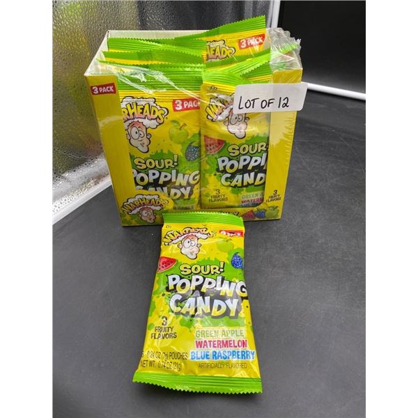 Lot of 12 Warheads Sour Popping Candy 3-Pack Pouches with Fruity Flavors