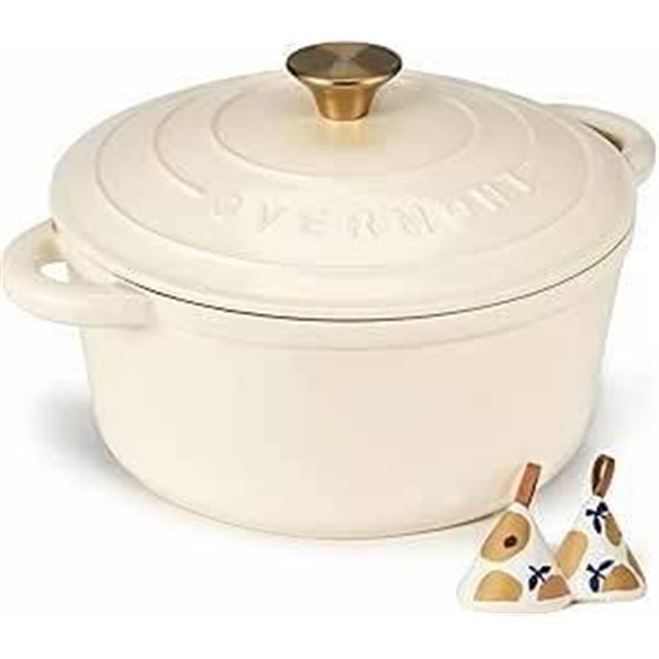 Cream-Colored Cast Iron Dutch Oven With Lid