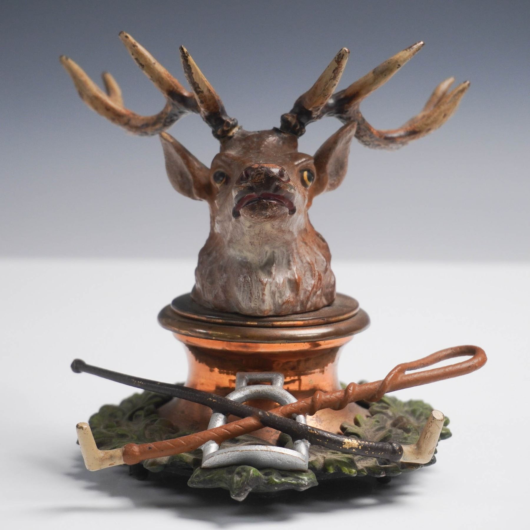 Figural Stag Head Mechanical Inkwell with Hunting Motif