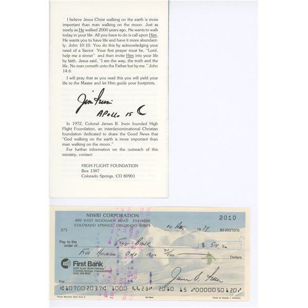 Jim Irwin signed check and High Flight Foundation pamphlet