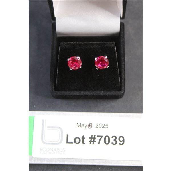 ^4.00 CT TW Round Brilliant Cut Lab Created Red Rubies Set in 4 Claw Heads Set 925 Silver Earrings