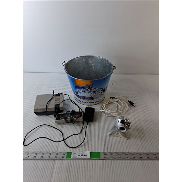 Kokanee Tin Pail 7" Tall x 9.5", Logitech Web Cam & Vintage Entertainment System- Both As Is