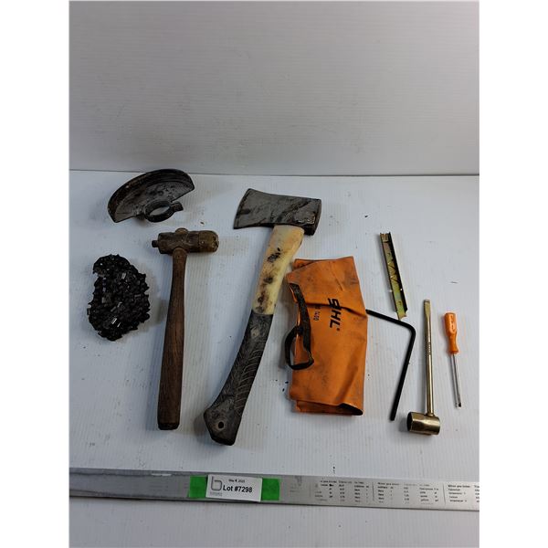 Hatchet, Hammer, Saw Chain, Circular Saw Blade Cover and Misc