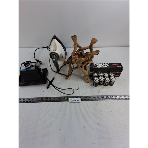 Black & Decker Iron, Vintage Polaroid Camera, Wooden Pot Holder, (8) 'D' Batteries - All Untested