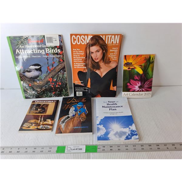 (6) Books- Cosmo Magazine, 2025 Art Calendar, Attracting Birds, Misc.