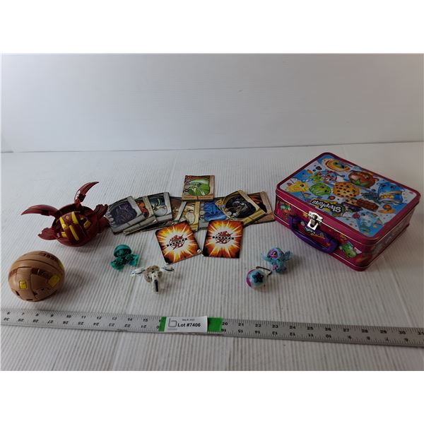 (3) Bakugan Figurines, Cards & Shopkins Tin- As Is